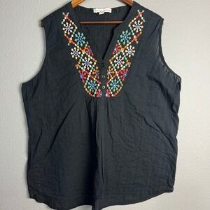 French Laundry Woman Embroidered Sleeveless Cotton Gauze Top‎ Blouse Black 3X